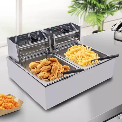 Produktbild von Gewerbliche Elektro-Fritteuse - EF-82 - Doppeltank - 6 L - 220 V - 60–200 °C - Edelstahl - Mit Frittierkörben