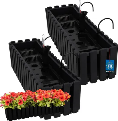 Produktbild von KOTARBAU® 2er Set Blumenkasten Balkon Blumentopf Selbstbewässernd 58x18x16cm Anthrazit Kunststoff Blumentopf Balkongeländer Bewässerungssystem Blumenkastenhalterung Pflanzkübel Groß Außen