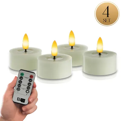 Immagine prodotto di Meisterhome® XXL LED tea lights set di 4 - Candele senza fiamma in vera cera - Ø 7 cm, altezza 3 cm - Luce bianca calda e tremolante - Con timer e telecomando - Funzionamento a batteria, colore:Sage