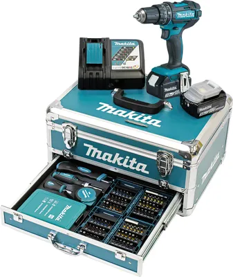 Produktbild von Makita Akku-Schlagbohrschrauber 18V / 3,0 Ah, 2 Akkus + Ladegerät im Alukoffer + 96-tlg. Zubehör-Set