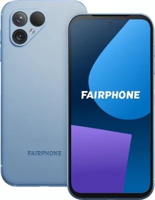 A light blue Fairphone 5 smartphone is shown from the back and front, with the front screen displaying marketing graphics.