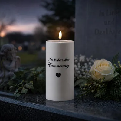 Produktbild von LED Grabkerze MIA - mit Schrift - Grablicht - 3D Flamme - H: 15cm - D: 7,5cm - weiß - für Außen