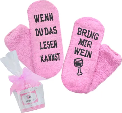 Produktbild von Wein-Socken, Geschenk für Frauen, Geburtstagsgeschenk, Socken mit Anti-rutsch Aufschrift WENN DU DAS LESEN KANNST, BRING MIR WEIN, Kuschelsocken, Hellrosa