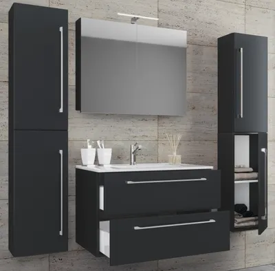 Produktbild von VCM 5-tlg. Waschplatz Waschtisch | Waschbecken Unterschrank Breite 60 cm | Badmöbel Set mit Schubladen Drehtüren Spiegelschrank | Badinos