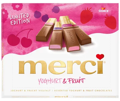 Produktbild von merci Finest Selection, 250 g, Milchschokolade, Zucker, pflanzliche Fette (Palm, Shea), Vollmilchpulver, Kakaobutter, Kakaomasse, Joghurtpulver..., Kirsche (Frucht), Erdbeere, Mandel, Haselnüsse, Milchzucker, Milch, Soja, 578 kcal