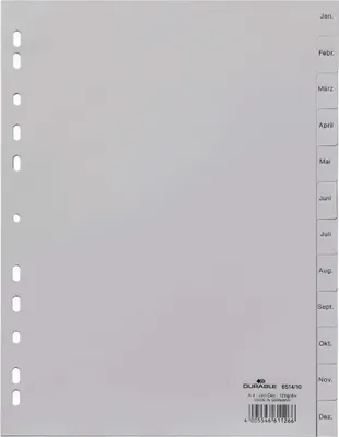 Produktbild von DURABLE Register A4 12-tlg. Jan.-Dez. geprägt PP, 651410 grau