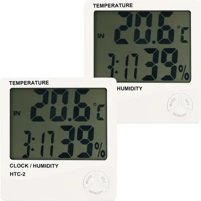 Produktbild von 2er-Set Digitales Hygrometer & Thermometer mit Aussenfühler, Uhr & Wecker: LCD Display, weiss – Raumklima präzise messen