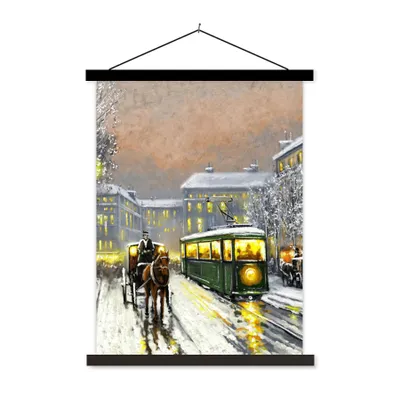 Produktbild von MuchoWow® Textilposter Gemälde - Ölgemälde - Winter - Straßenbahn - Pferd 60x80 cm mit schwarzem Rahmen - Plakathalter