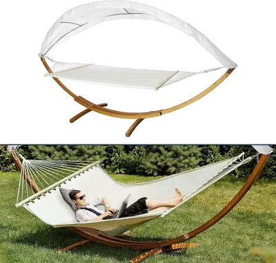 Zdjęcie produktu dla Hamak Izrielar z drewnianym stelażem 415 cm x 150 cm x 210 cm – hamak dwuosobowy z daszkiem, leżak ogrodowy do 200 kg, huśtawka wisząca