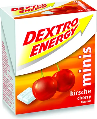 A product shot of Dextro Energy Minis cherry flavor packaging.