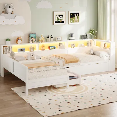 Produktbild von STILVORA Plattformbett 90x200 cm mit zwei Matratze Bettgestell mit Ausziehbett und Schublade, Tagesbett mit Ablagefächern, Stauraumbett mit LED und USB/Typ-C Anschlüssen