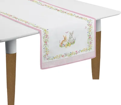Produktbild von Tischläufer 2er Set HAPPY EASTER mit Blumen und Hasen 45x138cm 100% Baumwolle