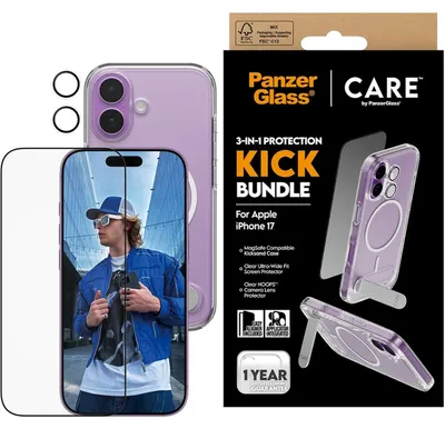 Zdjęcie produktu dla PanzerGlass ® | CARE by ® 3-in-1 Feature Kick Bundle iPhone 17, Apple, Apple - iPhone 17, Aplikacja na sucho, Odporny na zadrapania, Odporny na wstrząsy, Przezroczysty, 1 szt.