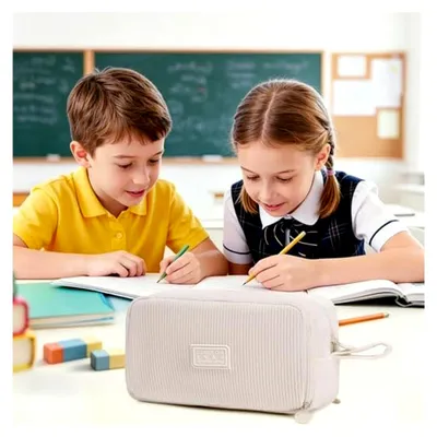 Produktbild von Federmäppchen mit 3 Fächern aus Cord, Beige | Geräumige Stiftetasche für Schule und Büro