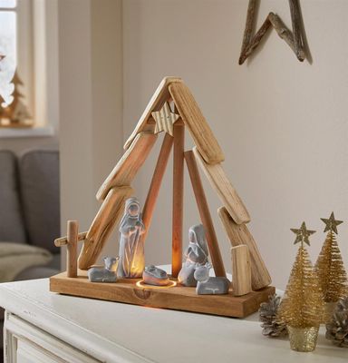 Weihnachtskrippe mit LED Beleuchtung, Krippenstall aus Buchenholz, Figuren aus Beton
