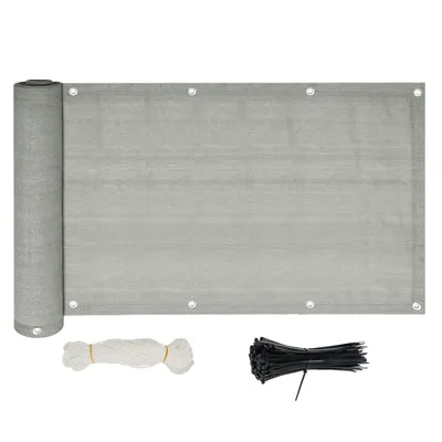 A rolled-up grey privacy screen with accessories laid out below it.