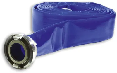 A rolled-up blue hose with a silver coupling on one end, isolated on a white background.