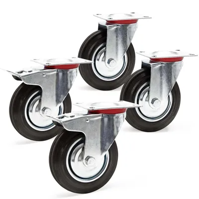 Produktbild von Wiltec Transportrollen Set 200mm 2x Doppelstopp-Lenkrolle und 2x Lenkrolle mit Vollgummirad, 150kg pro Rad