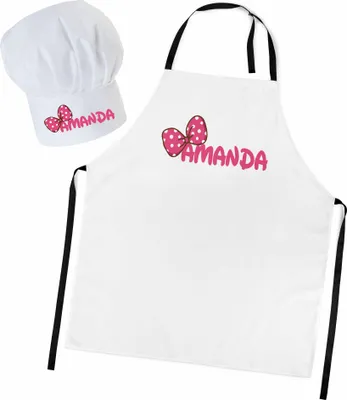 Produktbild von Personalisierte Kochmütze + Kochschürze Set 2tlg. Für Kinder, Jungen und Mädchen, Weiß, Schürze mit Ihrem Namen, Schleife in Punktmuster [099]