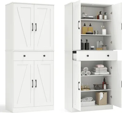 A white storage cabinet shown from two angles, one closed and one open to reveal its interior.