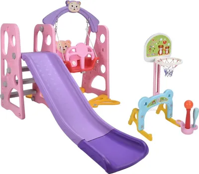 Immagine prodotto di Attrezzatura da gioco Opulence 5 in 1 - Scivolo e altalena per bambini - Per uso interno ed esterno - Con canestro da basket e struttura per arrampicata