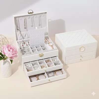 Produktbild von Kivea Schmuckkästchen mit 3 Ebenen, Schmuck-Organizer aus Kunstleder mit Schloss & Beigem Interieur, 23x17x13cm, Weiß