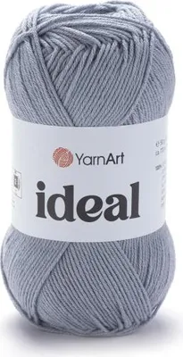 A ball of grey yarn with a white label.