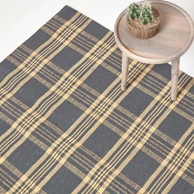 Obrázek produktu pro HOMESCAPES Kostkovaný protiskluzový koberec Douglas ze 100% vlny, šedý a žlutý, 120 x 170 cm