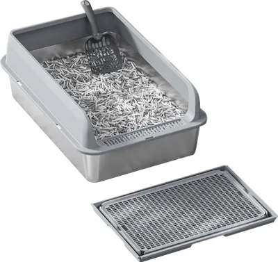 Produktbild von Katzenstreu Box, Edelstahlmaterial, hohe Seiten für größere Katzen, komplettes Set mit Matte und Schaufel, GRAU