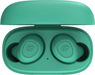 A pair of teal wireless earbuds in their charging case.