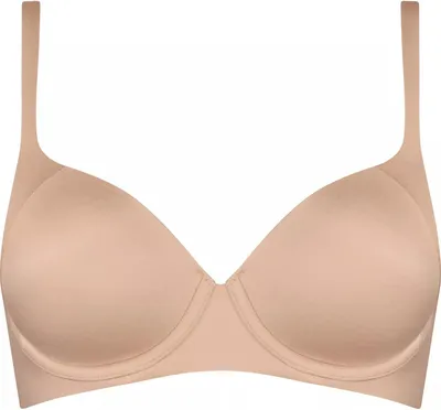 A studio shot of a beige bra against a white background.