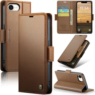 Immagine prodotto di Custodia per iPhone 16e/iPhone 17e, blocco RFID per carte, custodia in pelle con chiusura a libro e funzione supporto, marrone