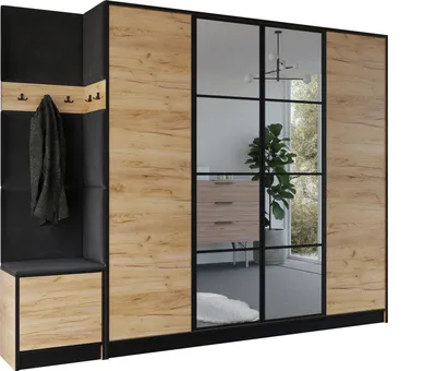 Image de KIER FURNITURE Armoire EDEN, armoire de chambre, penderie, armoire d'entrée en chêne Craft et tissu noir 259,6 x 205 x 39 cm