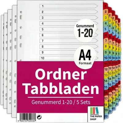 A4-Registertrenner 20-teilig, nummeriert 1-20, 150 g/m², 5 Stück