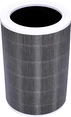 A cylindrical air filter with a textured gray surface and a white rim at the top and bottom.