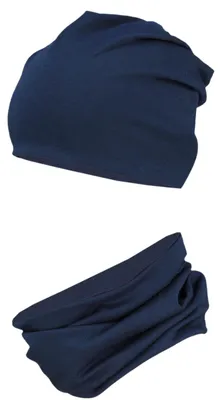 Produktbild von TupTam Jungen Beanie Mütze Schlauchschal Kinder 2er Set Herbst Winter gefütterte Mütze Übergangsmütze mit Loop, Farbe: Jersey zweilagig - Dunkelblau, Hat Size: 52