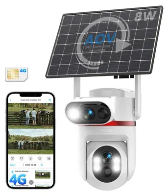 Productafbeelding van Bewakingscamera Buiten 4G Zonnepaneel - Dubbele 4MP Lens - 15800 mAh Batterij - Kunststof - Voor Buiten En Binnen