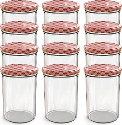 A set of twelve clear glass jars with red and white checkered lids.