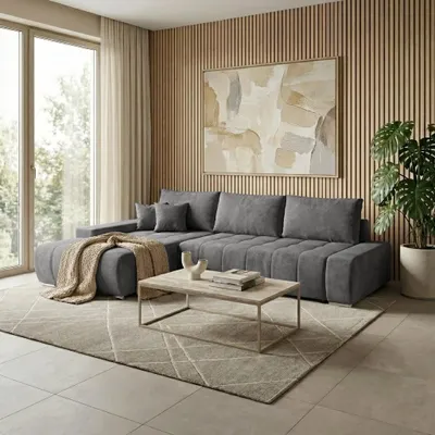 Produktbild von Beautysofa DRACO L Ecksofa mit Schlaffunktion & Bettkasten 267 cm - Schlafsofa, Bettsofa, Couch L-Form, Seitenausführung Links – Dunkelgrau Velo 634