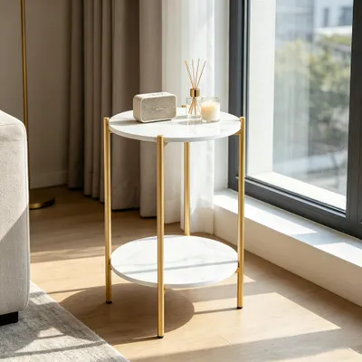 Immagine prodotto di FATIVO Tavolino rotondo effetto marmo bianco 37x55 cm — Tavolino da salotto con 2 ripiani, struttura in metallo dorato, comodino in stile scandinavo per il soggiorno