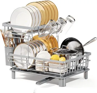 Image de Étagère à égouttoir Unyqoos® en acier inoxydable, 2 niveaux, dimensions 38 x 28 x 32 cm, système de vidange automatique à 360°, pieds en caoutchouc antidérapants, pour 3 à 5 personnes