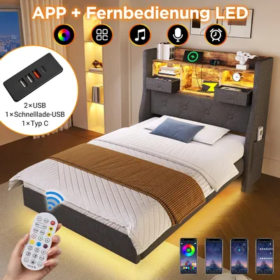 Obrázek produktu pro okwish Čalouněná postel 140x200 Patrová postel s LED osvětlením a nabíjecí stanicí, Manželská postel s úložným čelem a roštem, rám postele bez matrace z lněného materiálu, Šedá