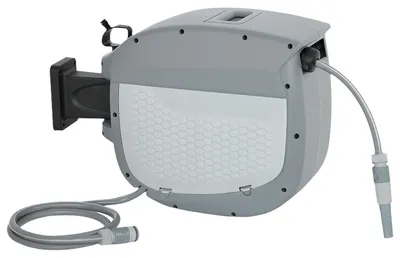 Obrázok produktu pre Automatický navijak na hadice s záhradnou hadicou, dĺžka 30 metrov, otočný o 180°. Farba: sivá. Rozmery: 25x58x40 cm