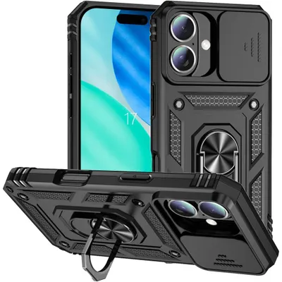 Image de Coque pour iPhone 17 - Protection Ultra Résistante avec Anneau et Cache Caméra Coulissant - Noir