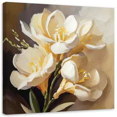 Produktbild von Leinwandbild creme Pfingstrosen handgemalt 60x60 Feeby Gold bild für die wand bereit zum aufhängen