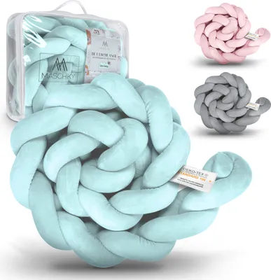 Produktbild von MASCHKY | Bettschlange geflochten – Bettumrandung Babybett 2m blau – Weiches Nestchen Baby + Wäschenetz – Babybett Umrandungen + Tragetasche