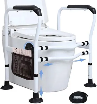 Produktbild von Toilettenstütze für Senioren, verstellbarer Toilettenrahmen für ältere Menschen mit rutschfesten Griffen, Hilfsmittel zum Aufstehen von der Toilette mit 5 Höhen, belastbar bis 150 kg, schwarzer Toilettenstützrahmen