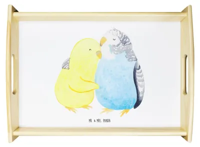 Produktbild von Mr. & Mrs. Panda Dekotablett Wellensittich Liebe - Weiß - Geschenk, Tablett, Verknallt, Hocheitstag, sofatablett, Vögel, Vertrauen, holz, Servier, Serviertablett