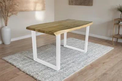 Produktbild von Esstisch Baumkante Akazie massiv eichenfarben 120 x 80 U-Gestell weiß CALI