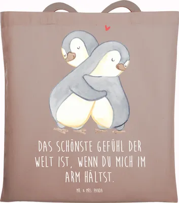 Produktbild von Mr. & Mrs. Panda Stoffbeutel Pinguine Kuscheln - Braun Pastell - Geschenk, Freundin, Schultasche, für Frauen, Shopping Tasche, Mitbringsel, Tote Bag, Valentinstag